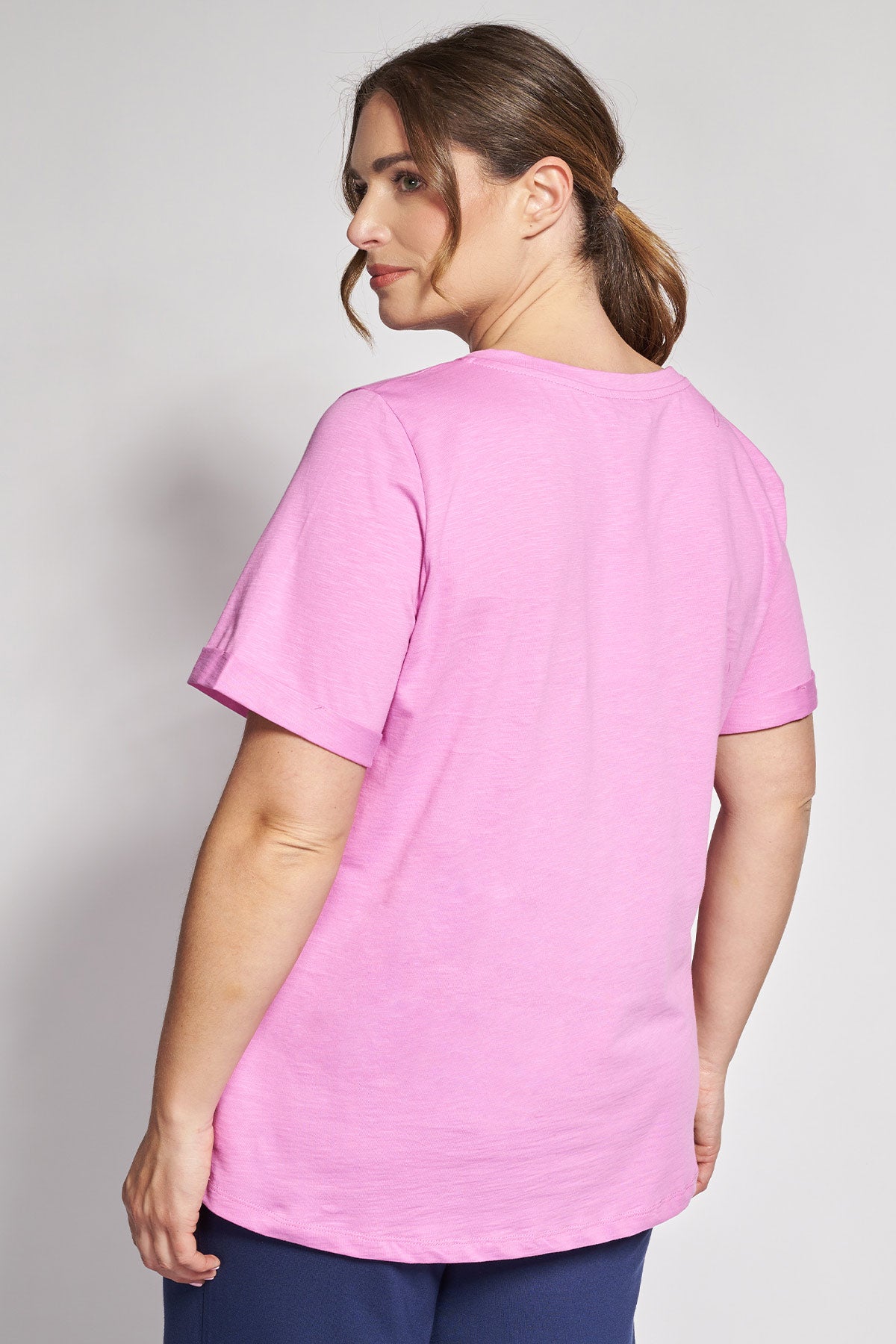 Basic short-sleeved cotton slub round-neck blouse - Pink