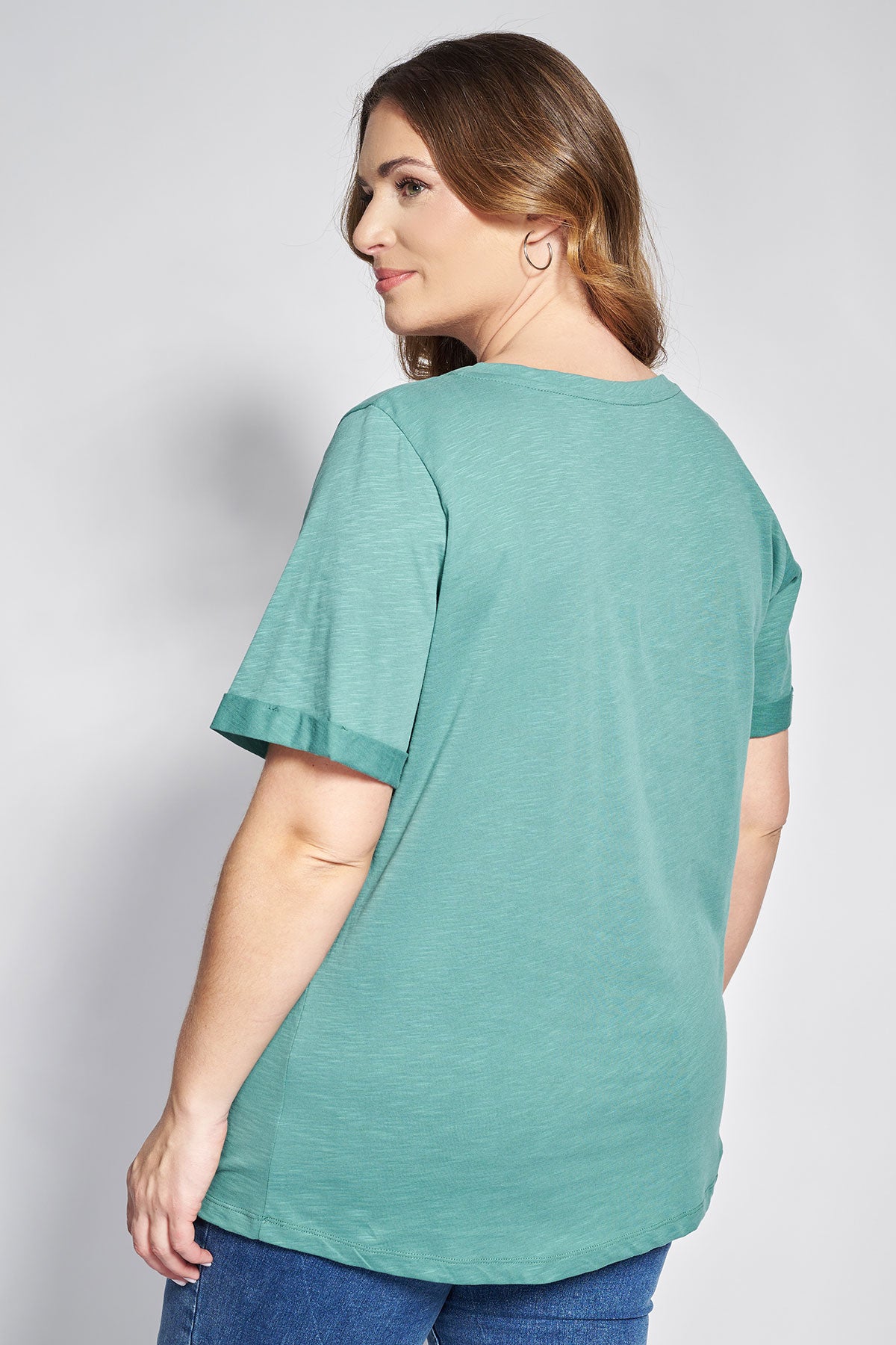 Basic short-sleeved cotton slub round-neck blouse - Khaki