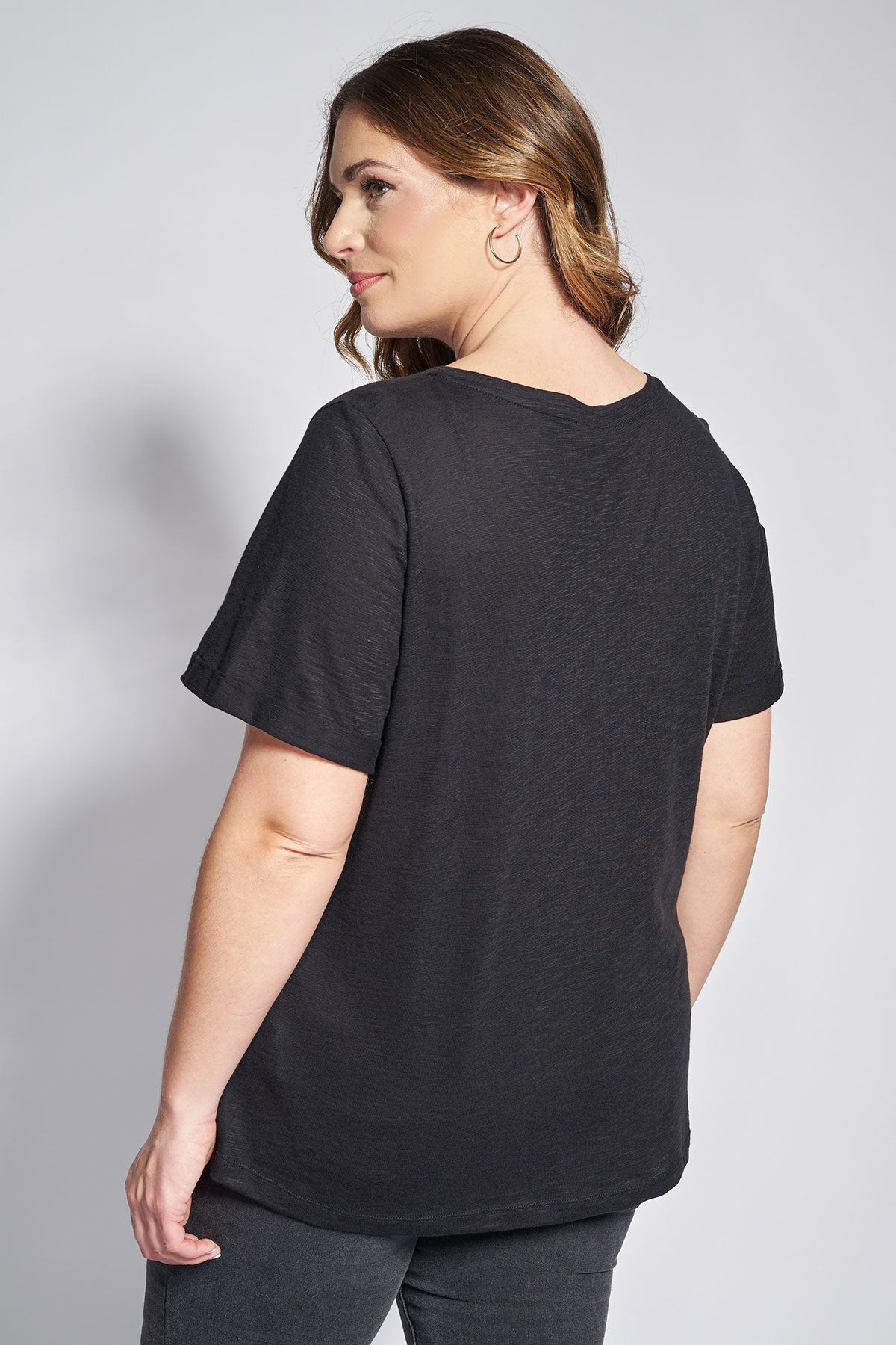 Basic short-sleeved cotton slub round-neck blouse - Black