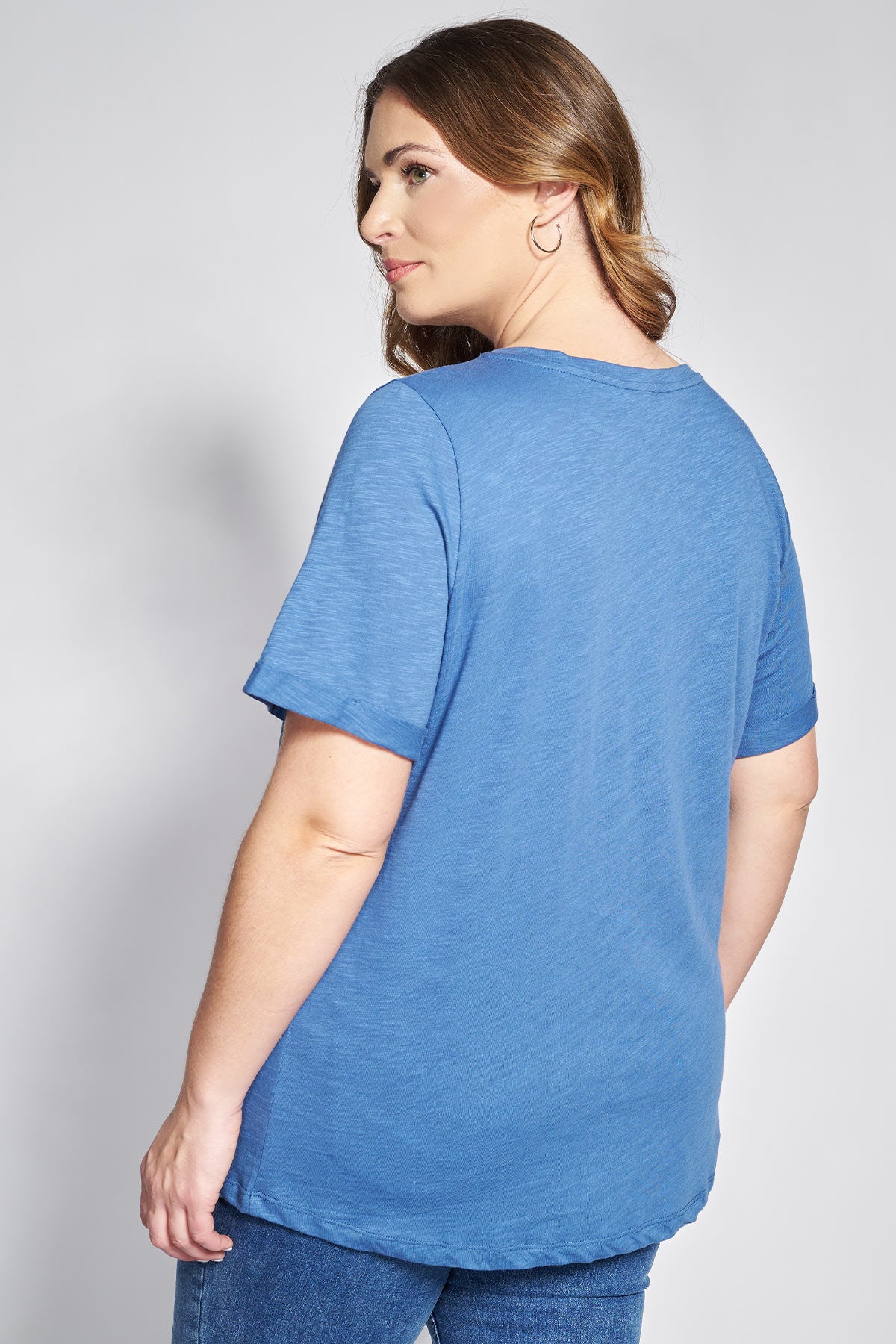 Basic short-sleeved cotton slub round-neck blouse - Indigo