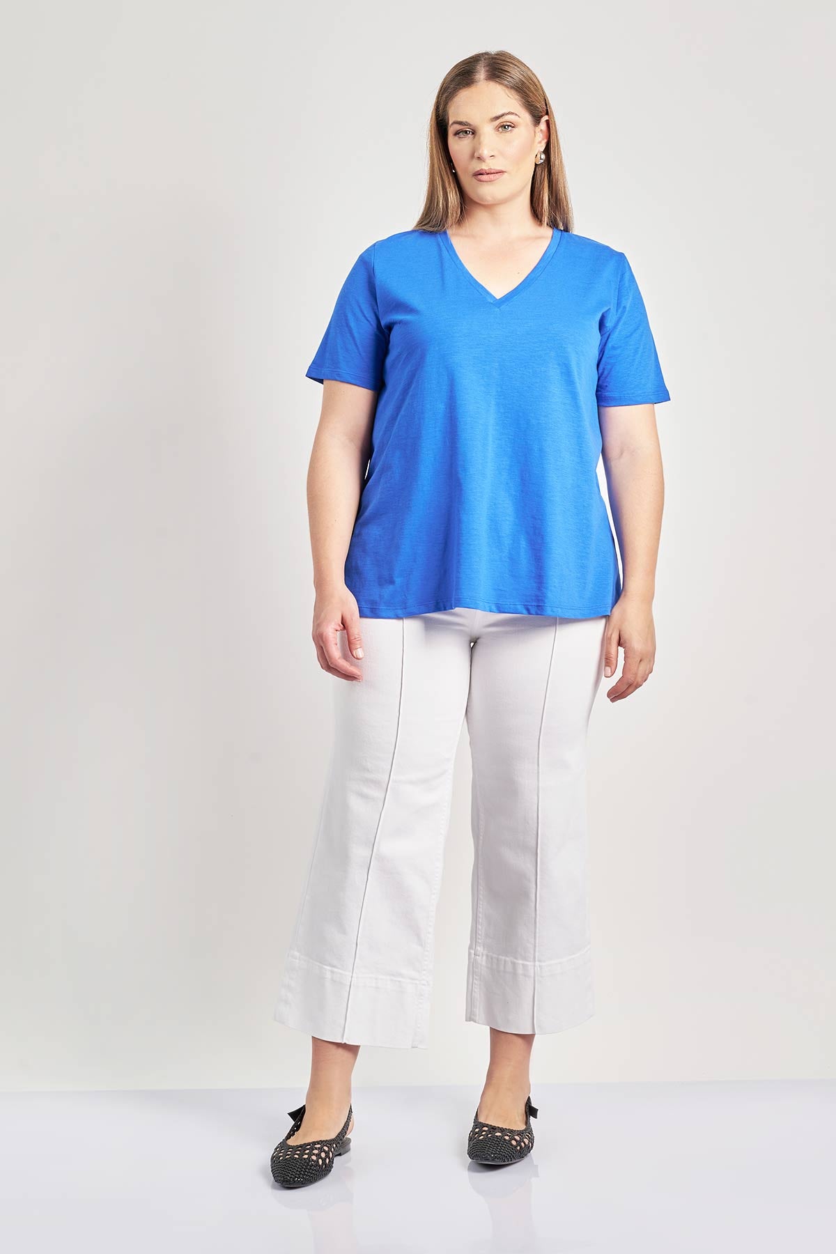 Basic cotton blouse A-line with V-neck - Royal Blue