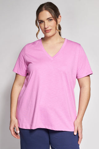 Basic short-sleeved A-line cotton slub blouse - Pink