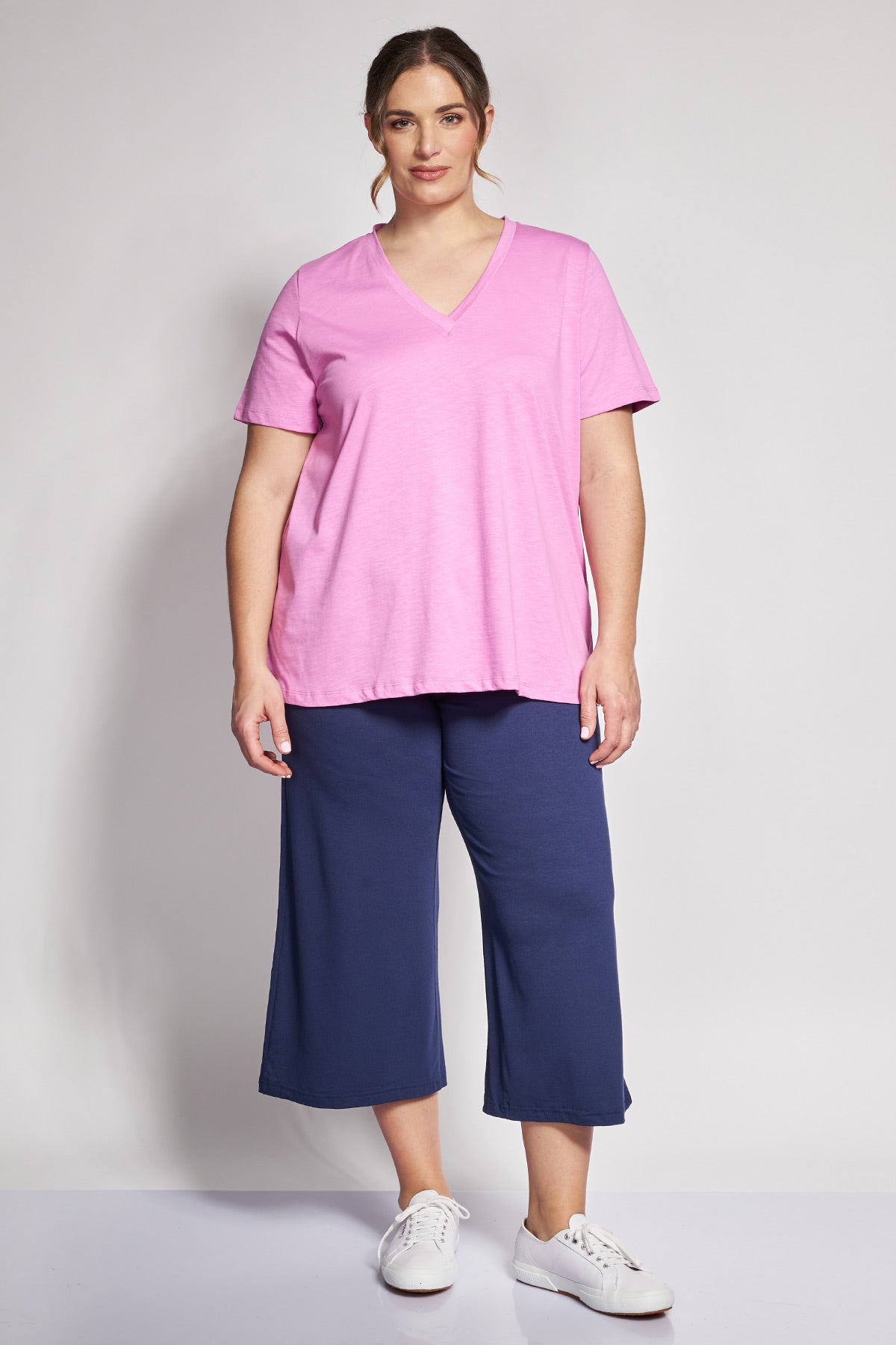 Basic short-sleeved A-line cotton slub blouse - Pink