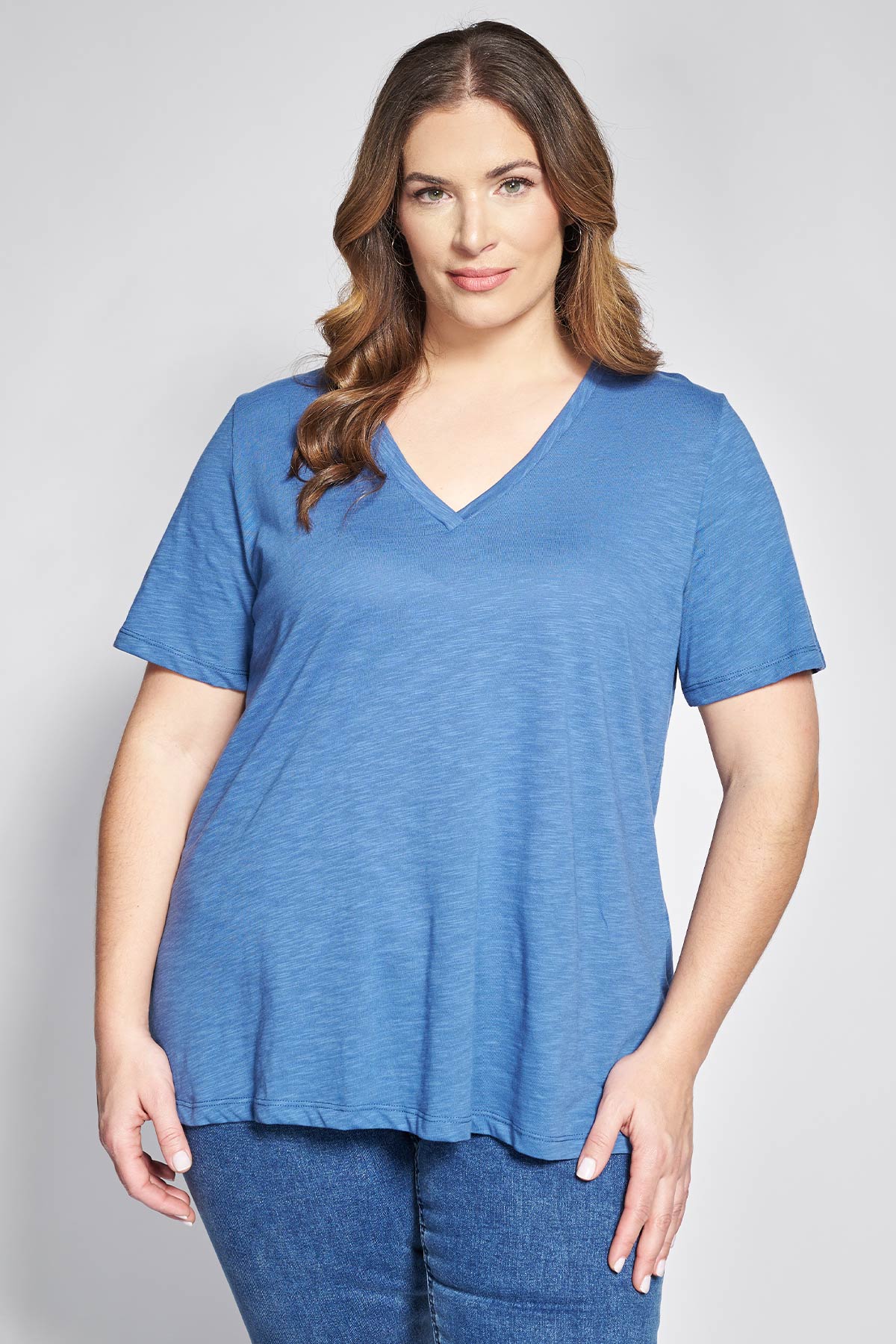 Basic short-sleeved A-line cotton slub blouse - Indigo