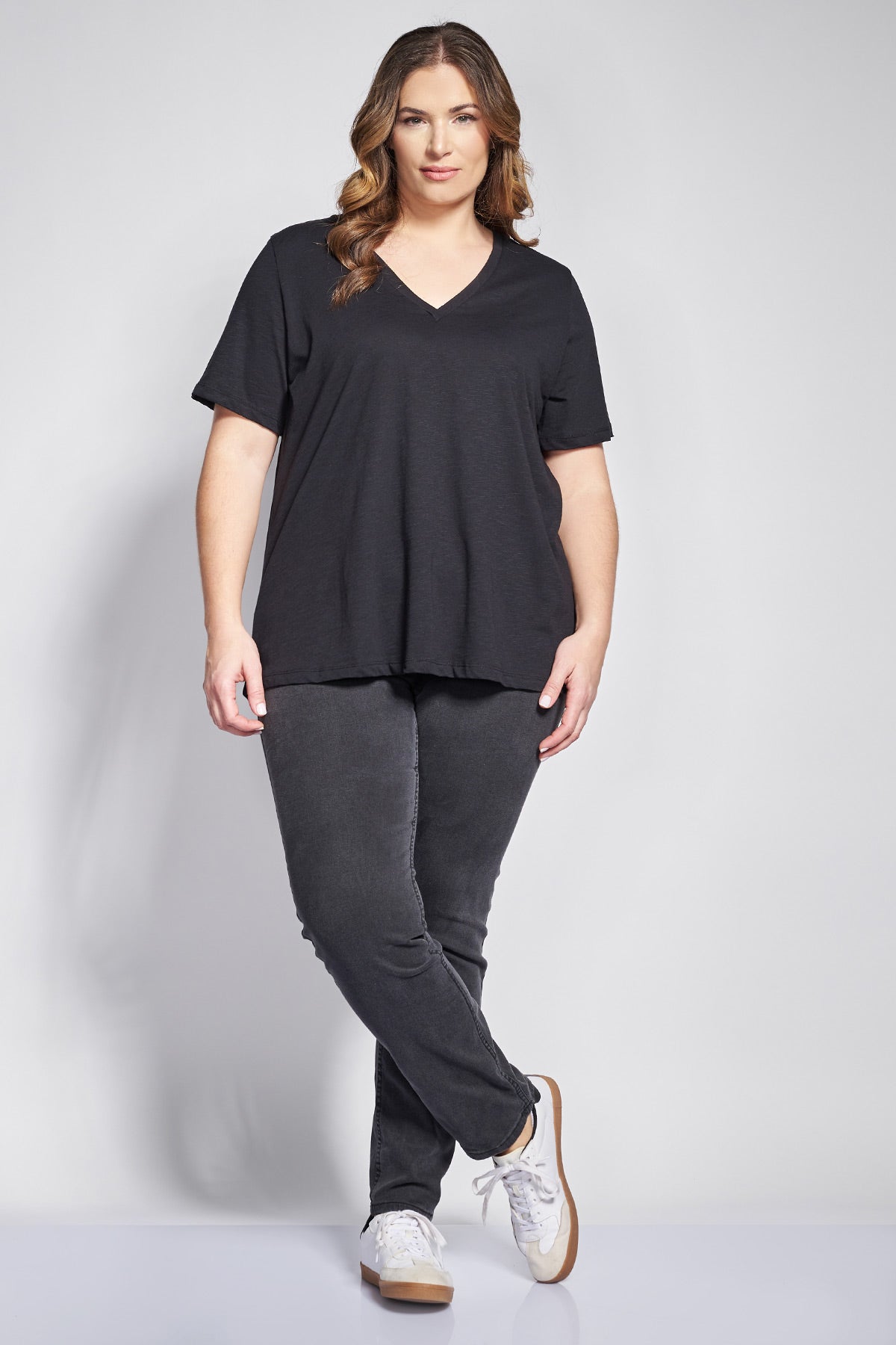 Basic short-sleeved A-line cotton slub blouse - Black