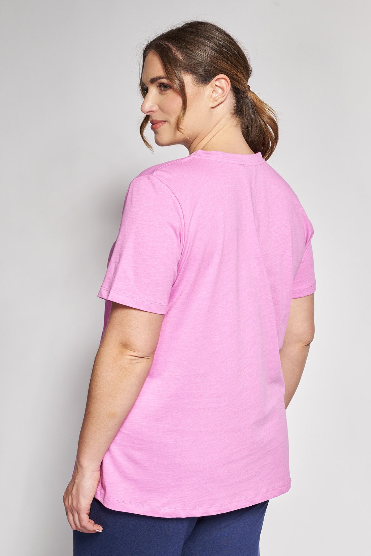 Basic short-sleeved A-line cotton slub blouse - Pink