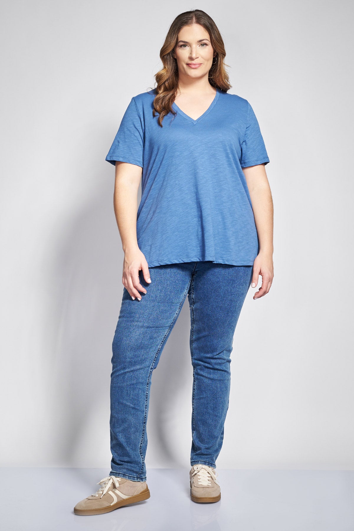 Basic short-sleeved A-line cotton slub blouse - Indigo
