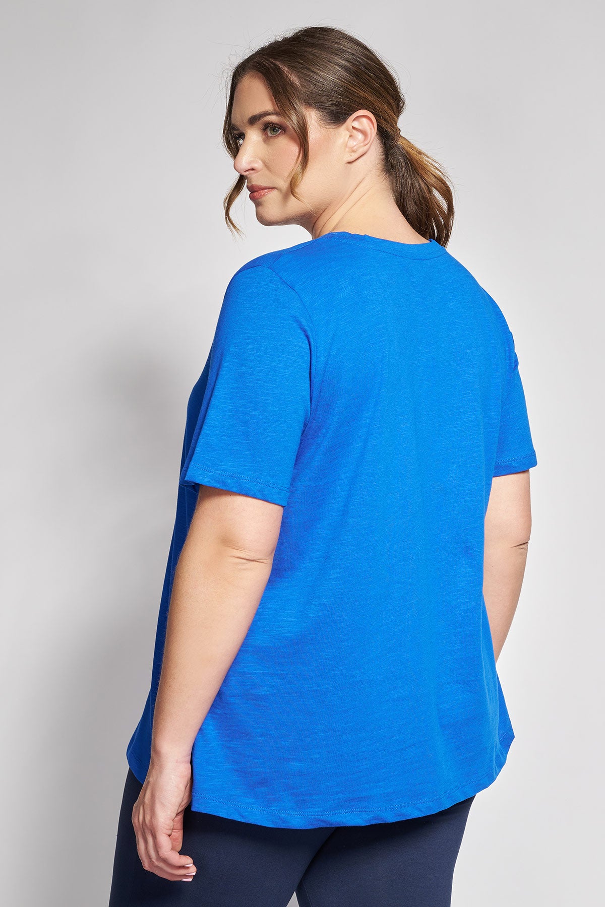 Basic short-sleeved A-line cotton slub blouse - Royal Blue