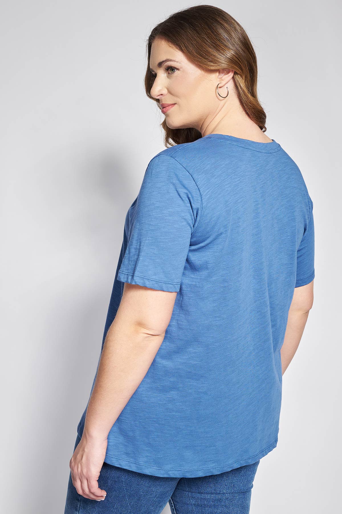 Basic short-sleeved A-line cotton slub blouse - Indigo