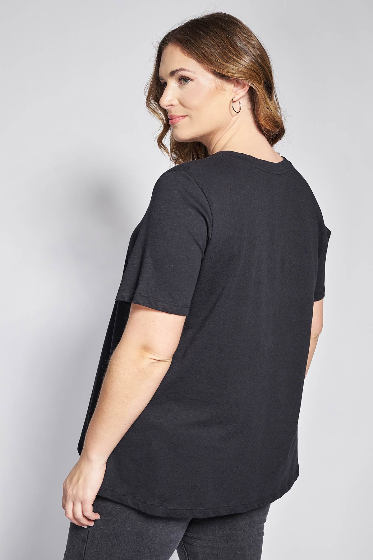 Basic short-sleeved A-line cotton slub blouse - Black
