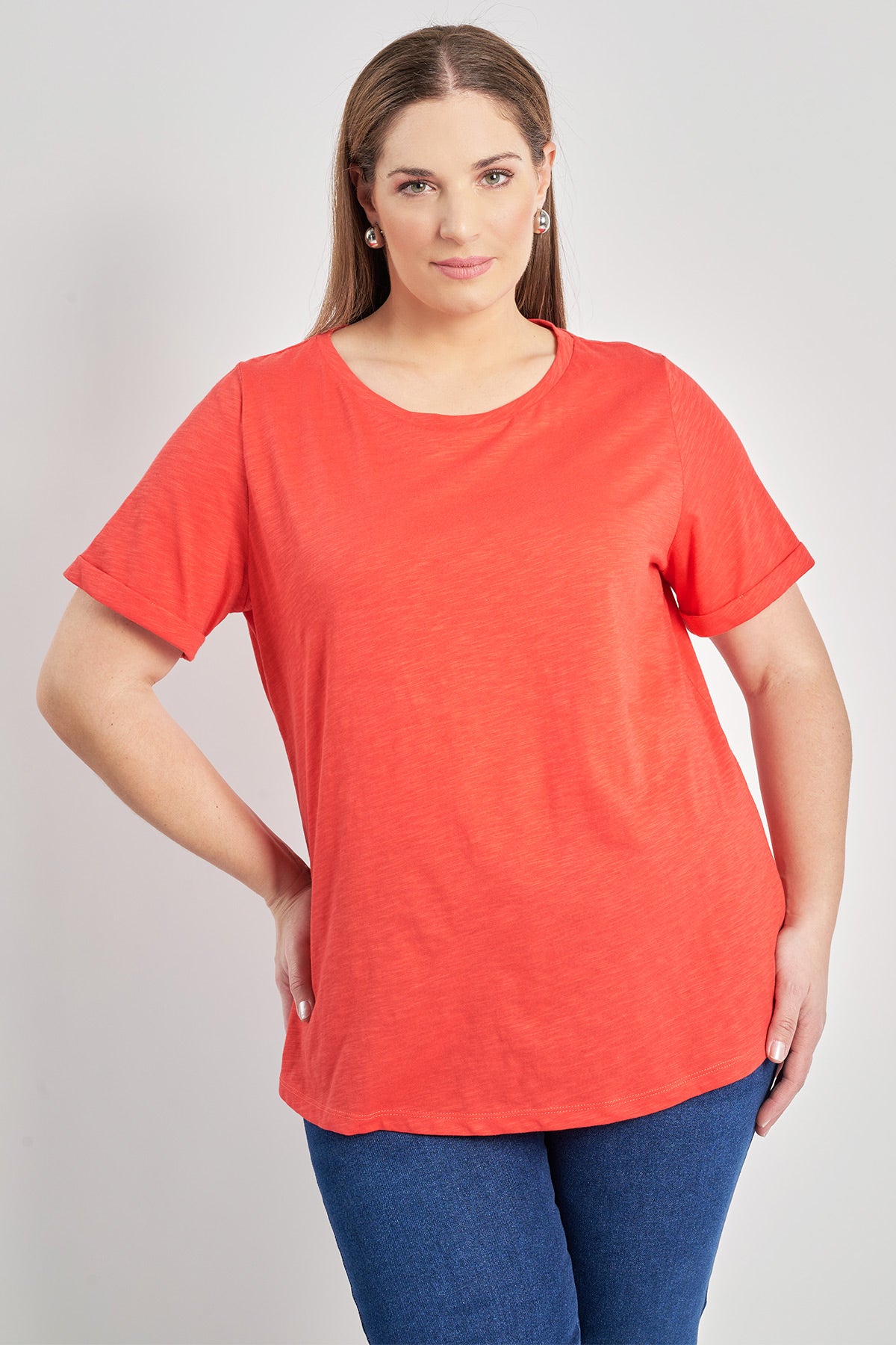 Basic cotton blouse short sleeves with turn-ups - Coral