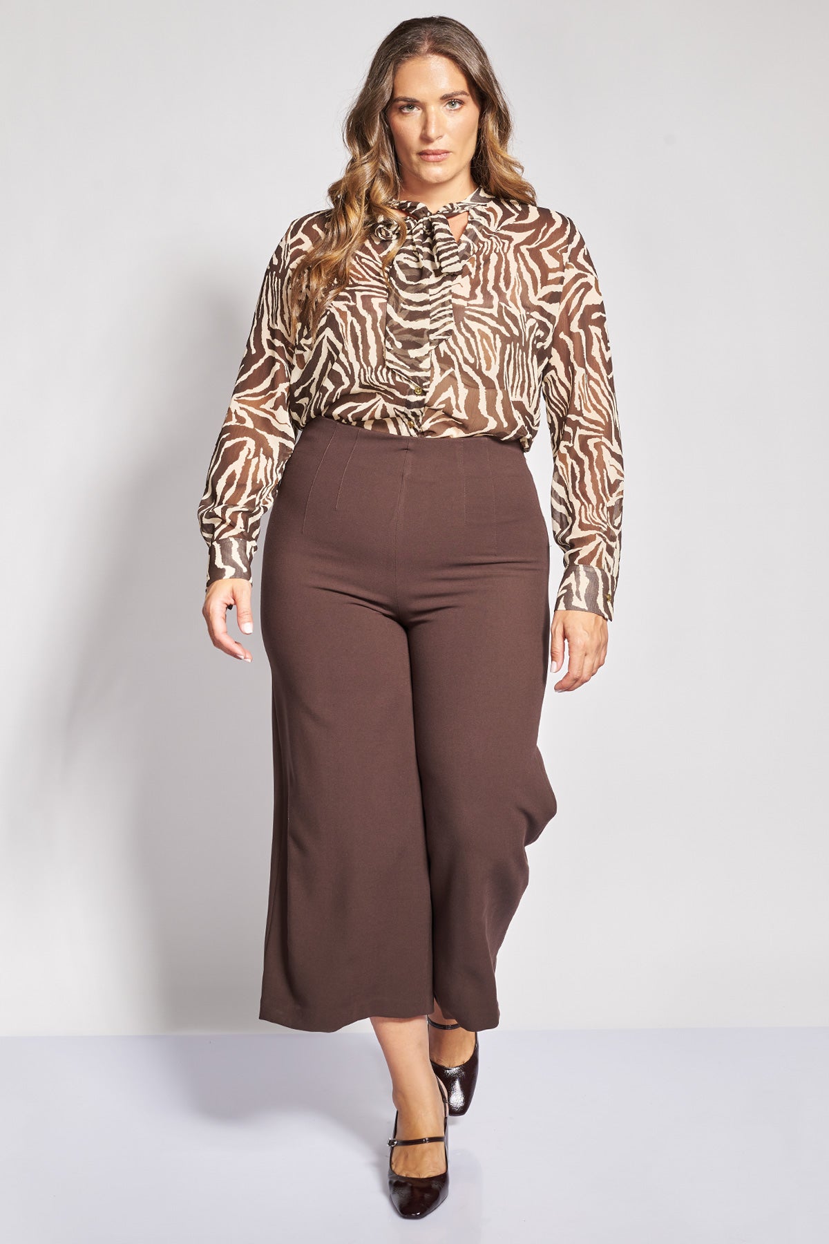 Cropped κρεπ παντελόνα wide leg - Καφέ