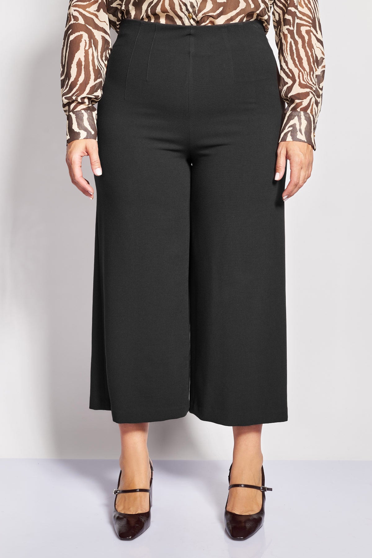 Cropped κρεπ παντελόνα wide leg - Μαύρο