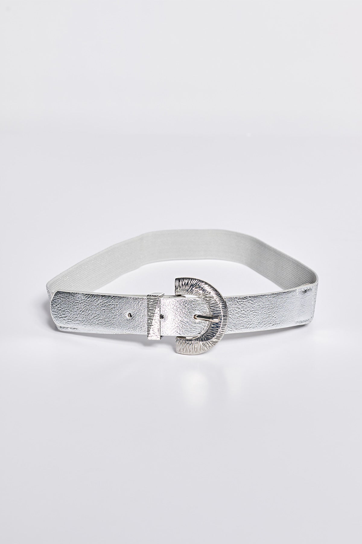 Metallic Elastic Belt with Leatherette Look and Buckle - Silver