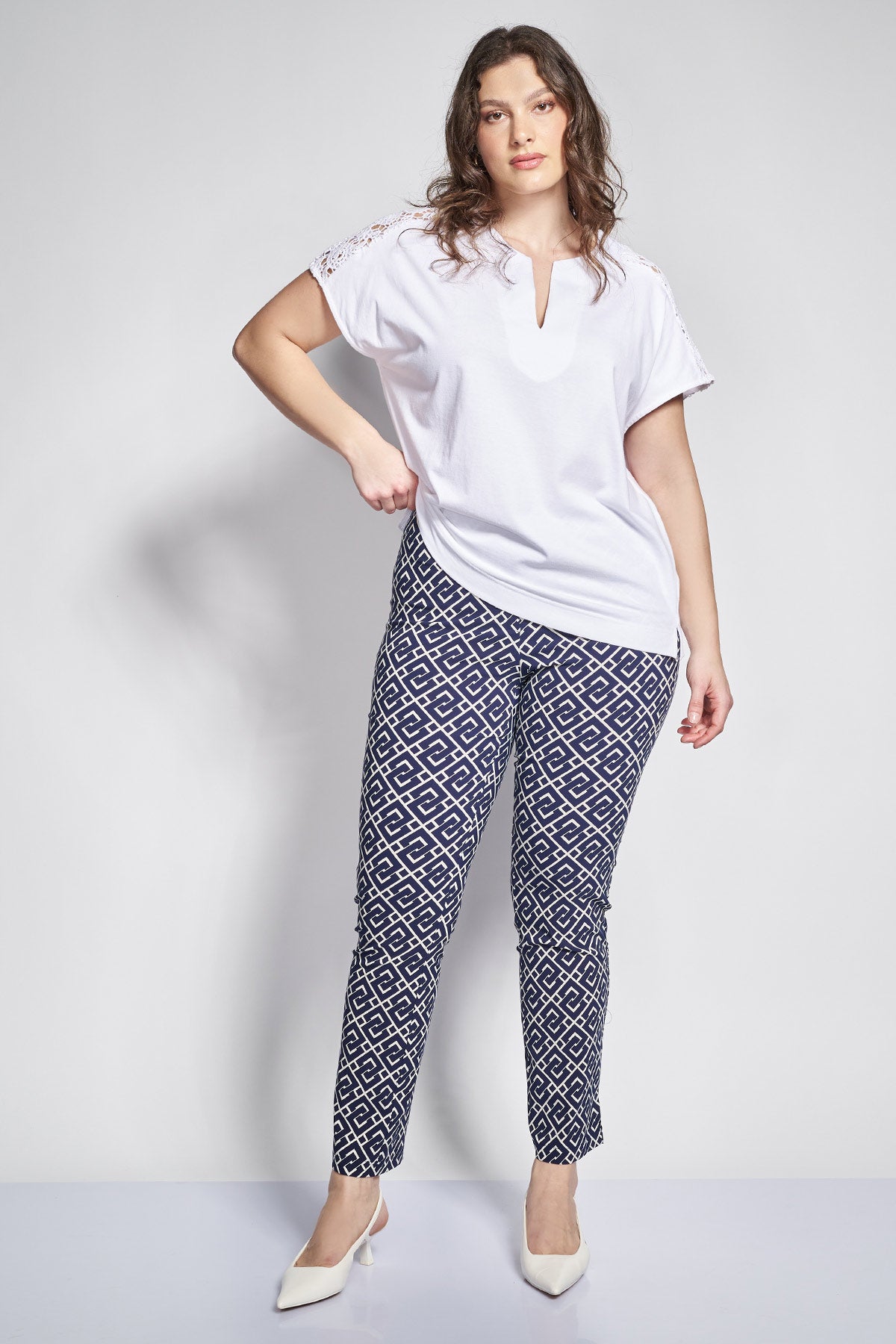 Stretchy Pants with Geometric Print Pattern - Blue
