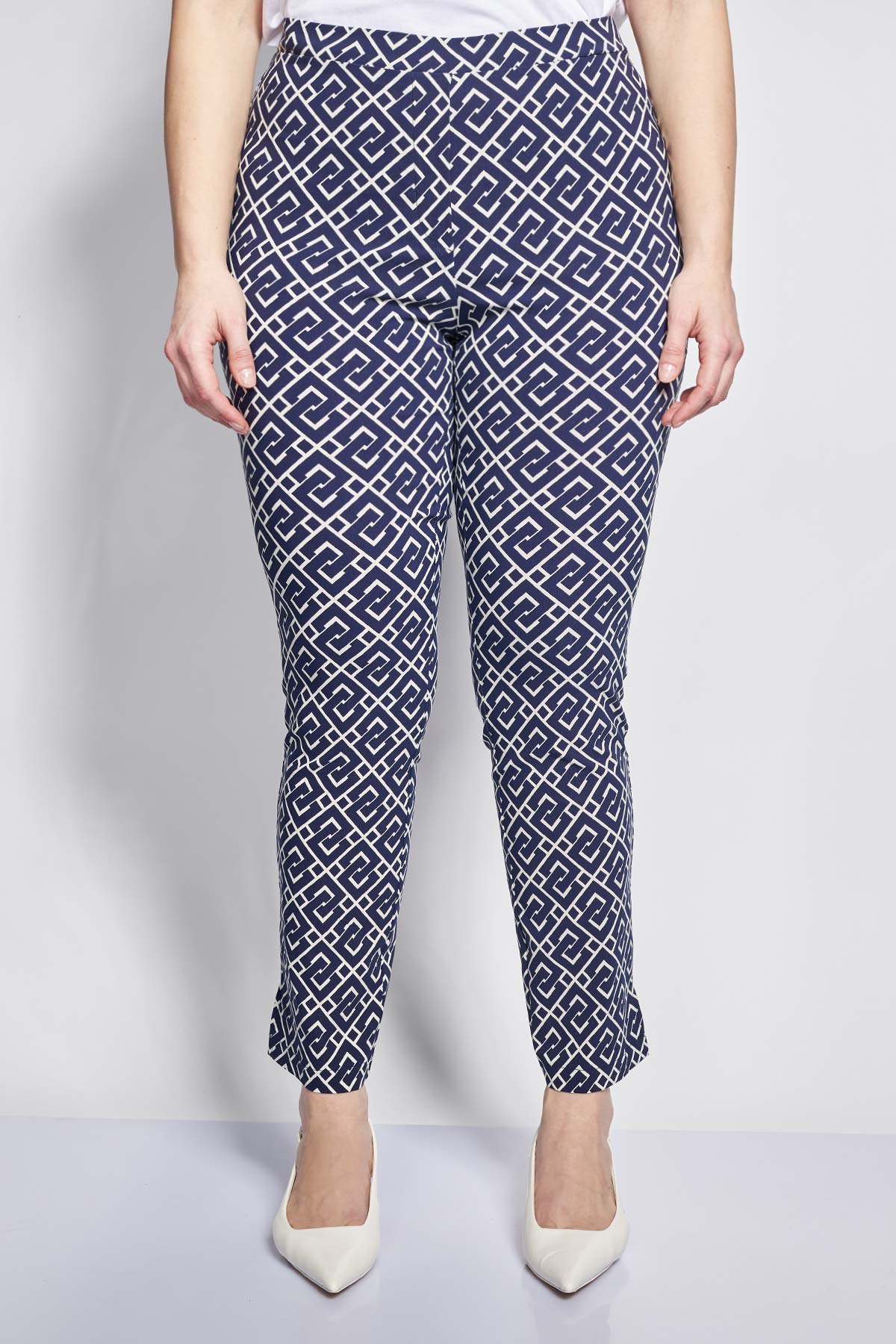 Stretchy Pants with Geometric Print Pattern - Blue