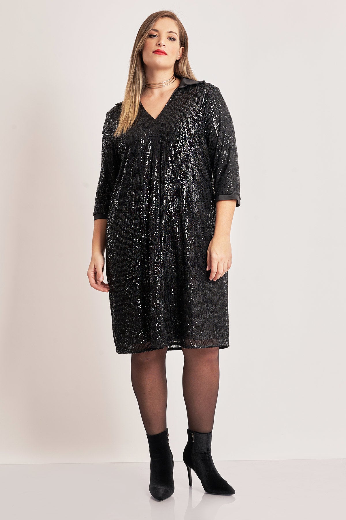Sequined midi dress with pleats - Black