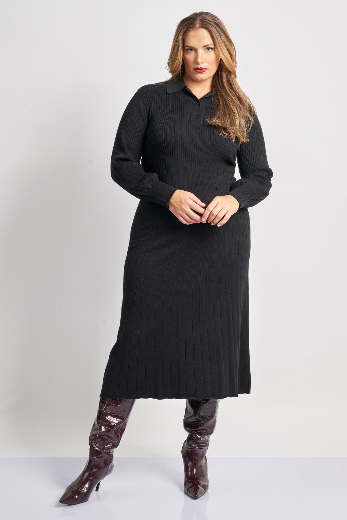 Ribbed knit dress with polo collar - Black