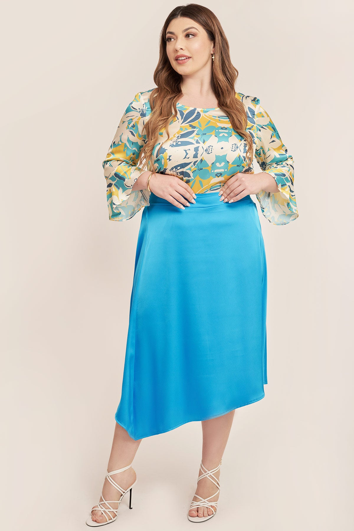 Satin skirt with asymmetrical hem - Blue