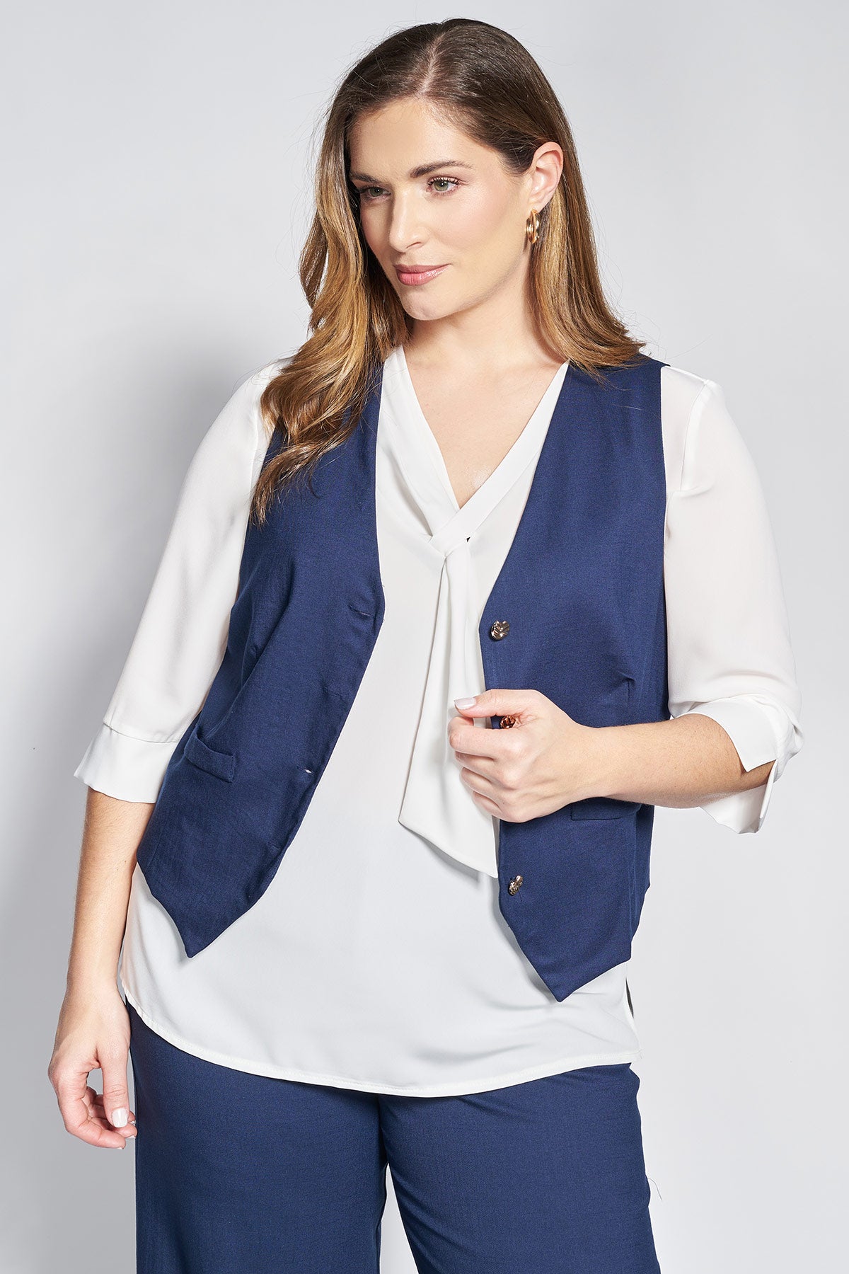 Linen-look vest with buttons - Blue