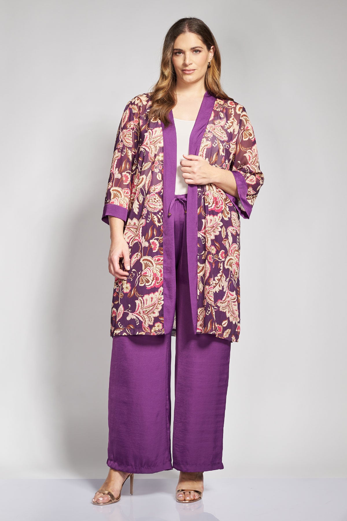 Floral Pattern Kimono with Satin Details - Purple
