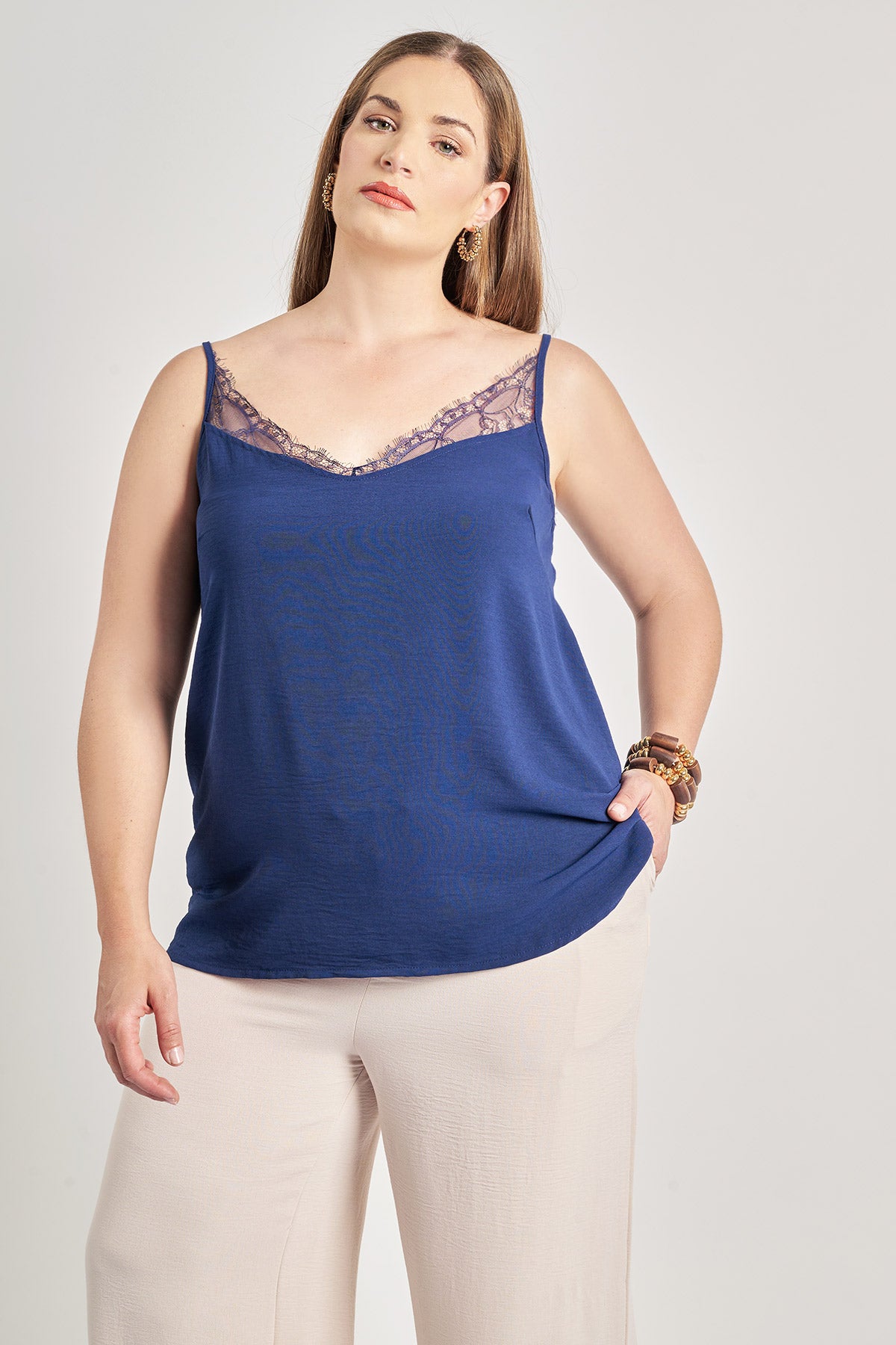 Lingerie top with lace textured washed - Blue