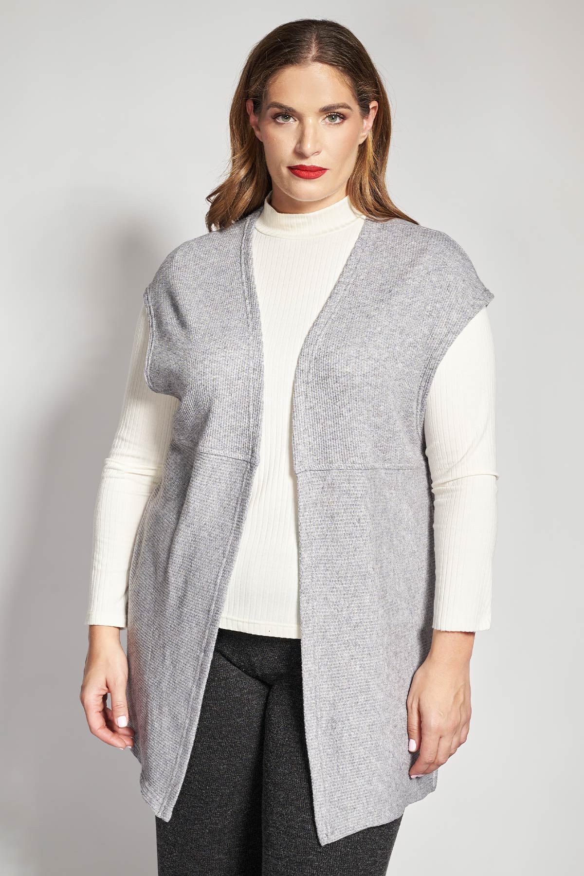 Long rib knitted open front vest - Grey