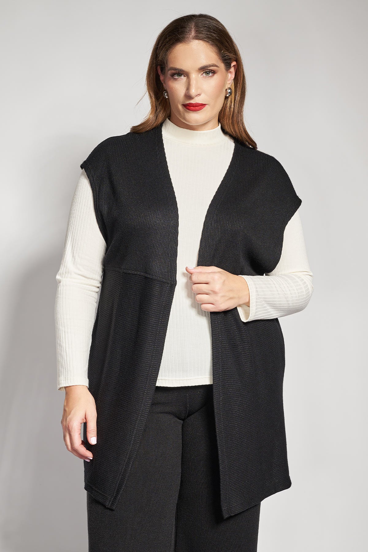 Long rib knitted open front vest - Black