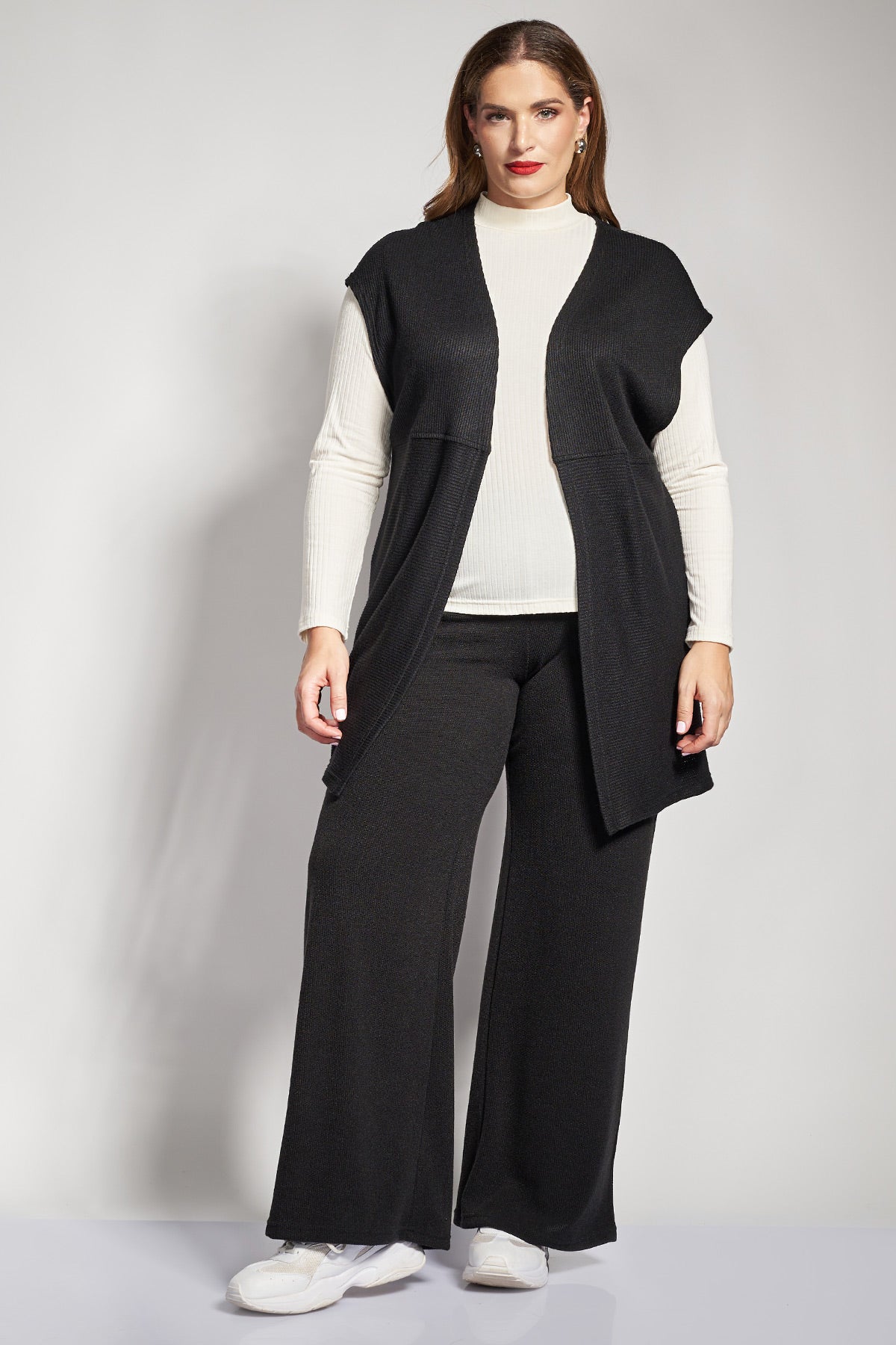 Long rib knitted open front vest - Black