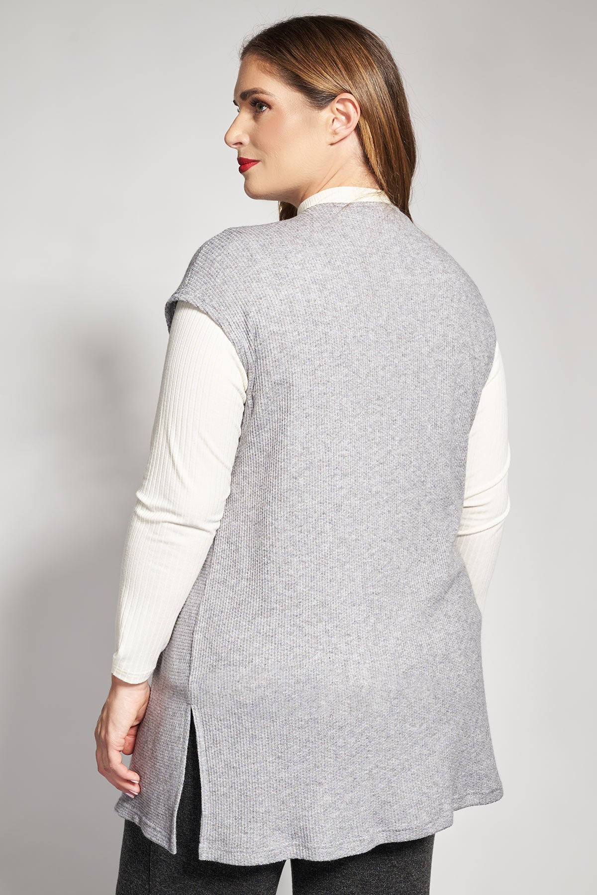 Long rib knitted open front vest - Grey