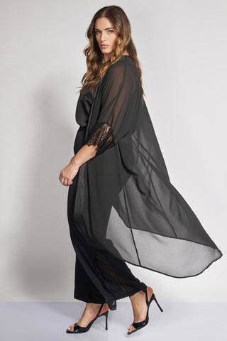 Long sheer kimono with lace details - Black