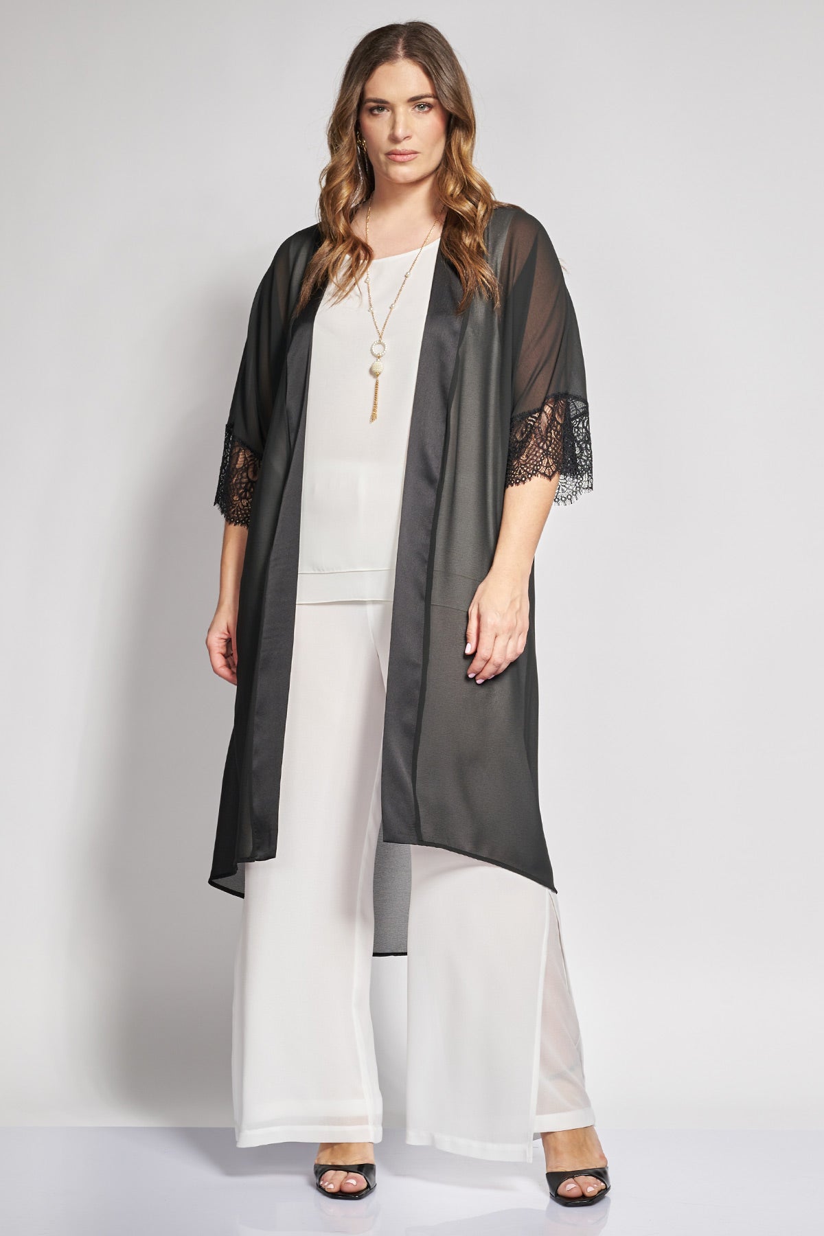 Long sheer kimono with lace details - Black