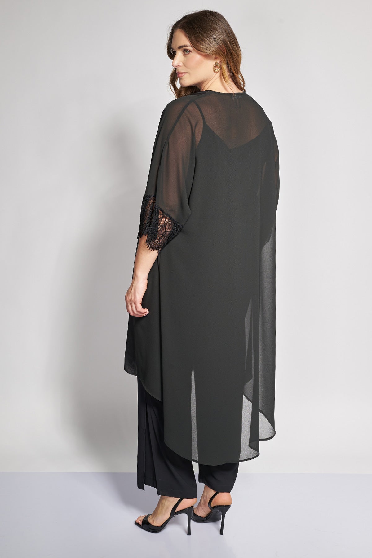 Long sheer kimono with lace details - Black