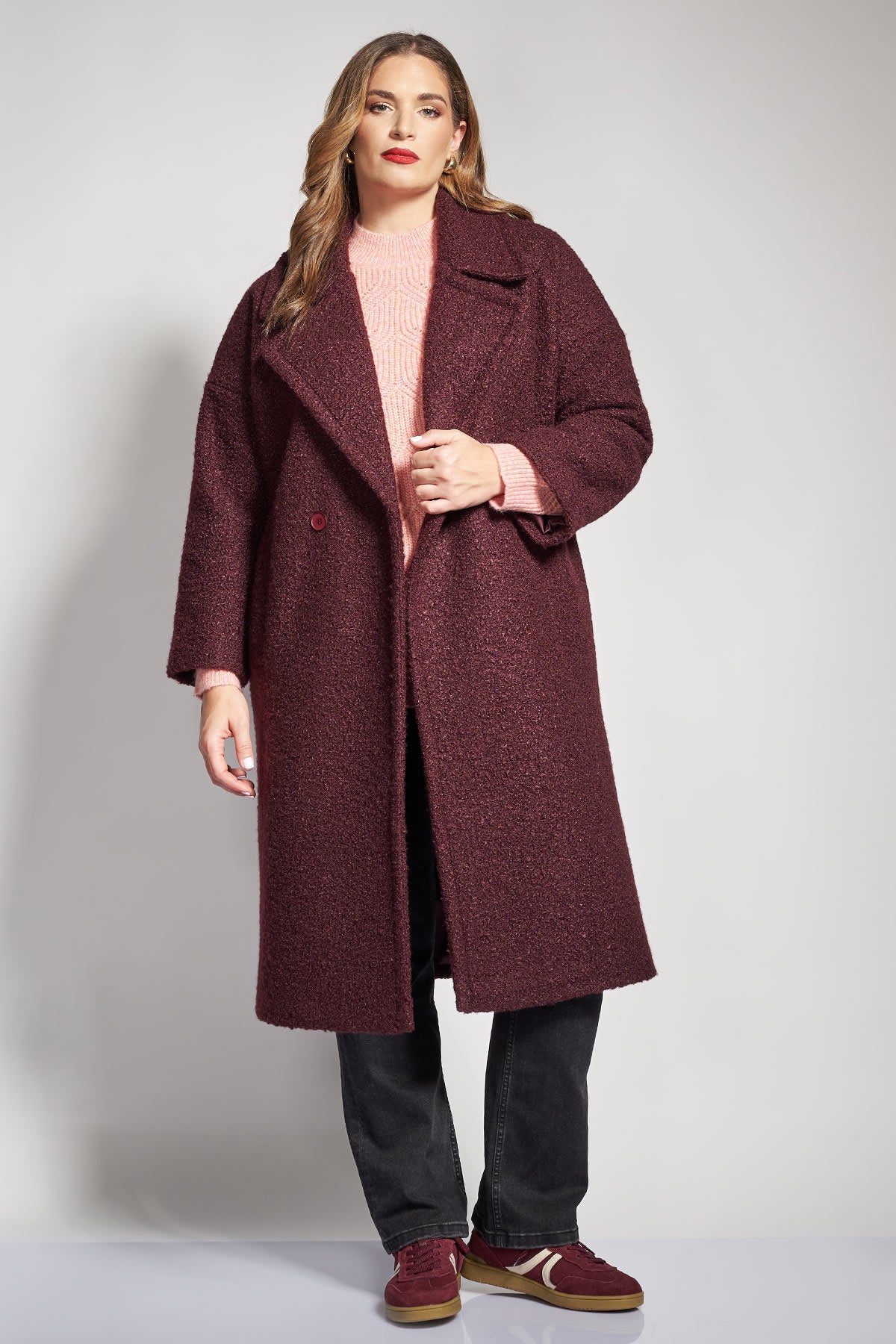 Midi bouclé double breasted coat - Bordeaux