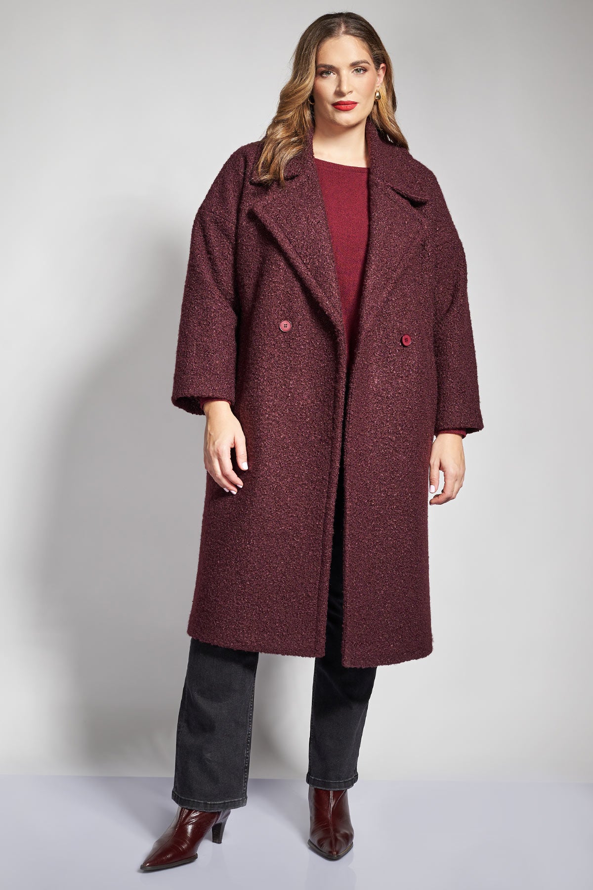 Midi bouclé double breasted coat - Bordeaux