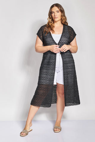 Long Crochet Knit Lace Kimono cardigan - Black