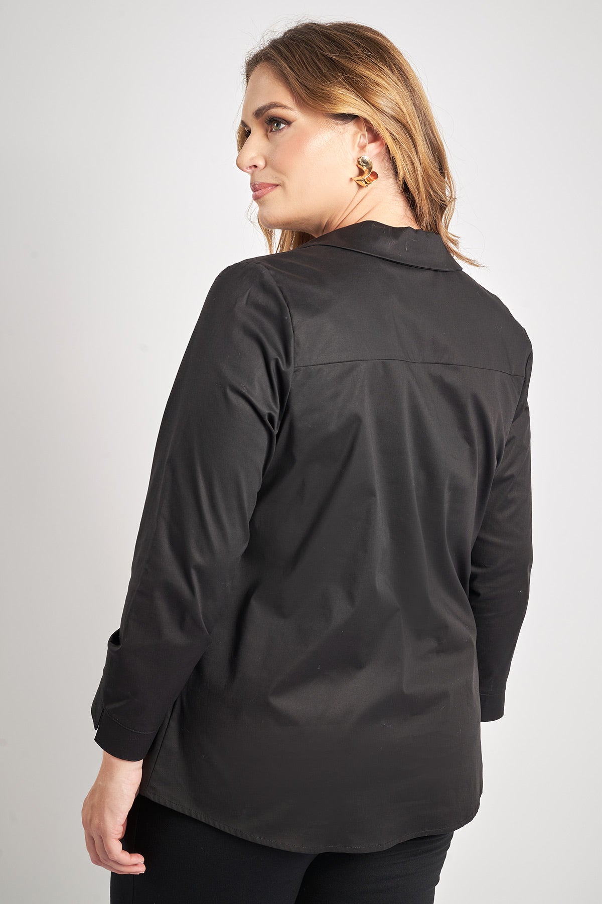Long-sleeved poplin shirt with V and collar - Black