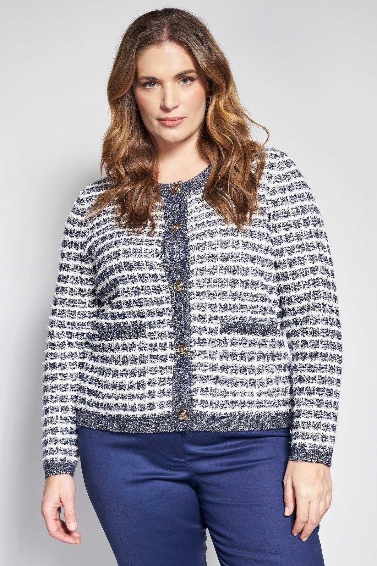 Soft Chanel-style knitted cardigan with lurex - Blue