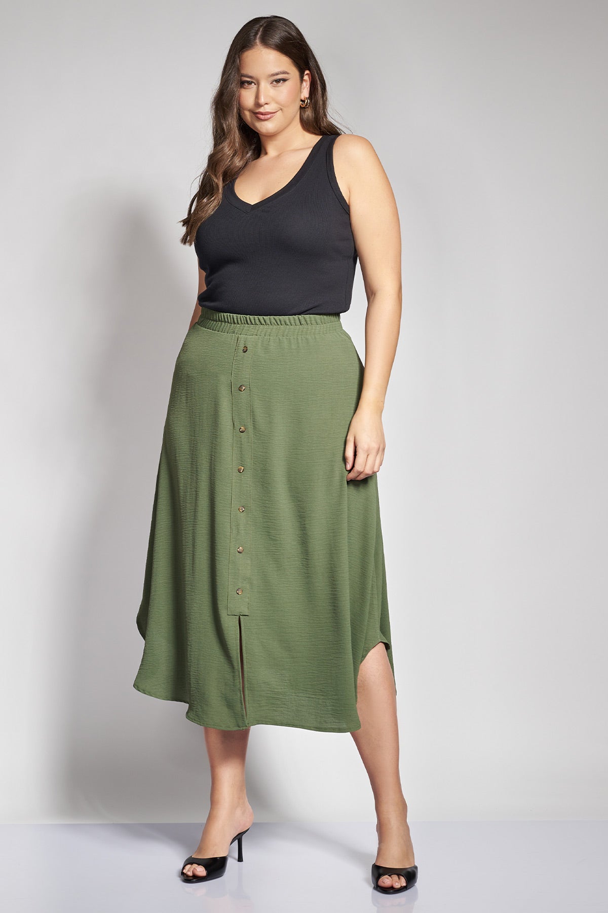 Midi Skirt with Front Buttons in textured Washed - Khaki
