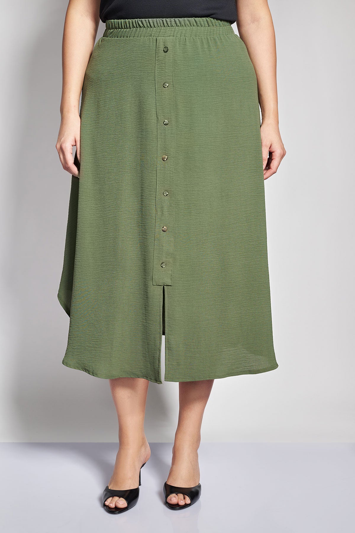 Midi Skirt with Front Buttons in textured Washed - Khaki