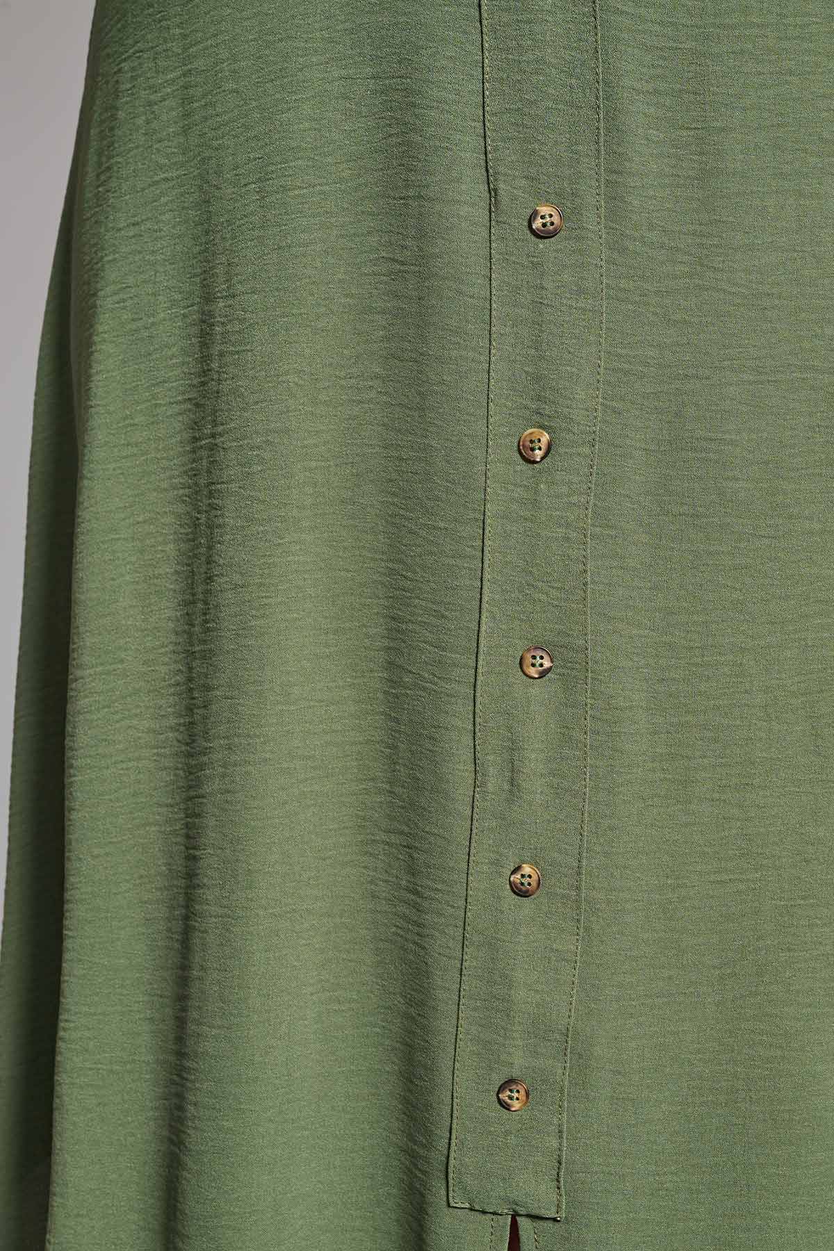 Midi Skirt with Front Buttons in textured Washed - Khaki