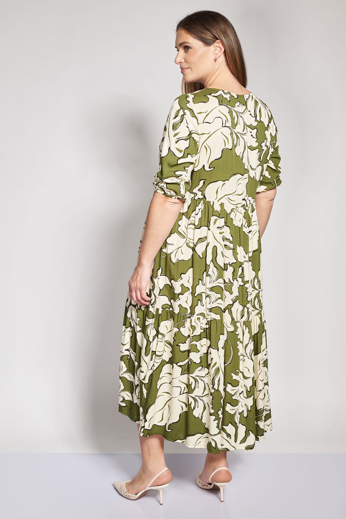 Viscose midi dress with floral pattern - Olive Green