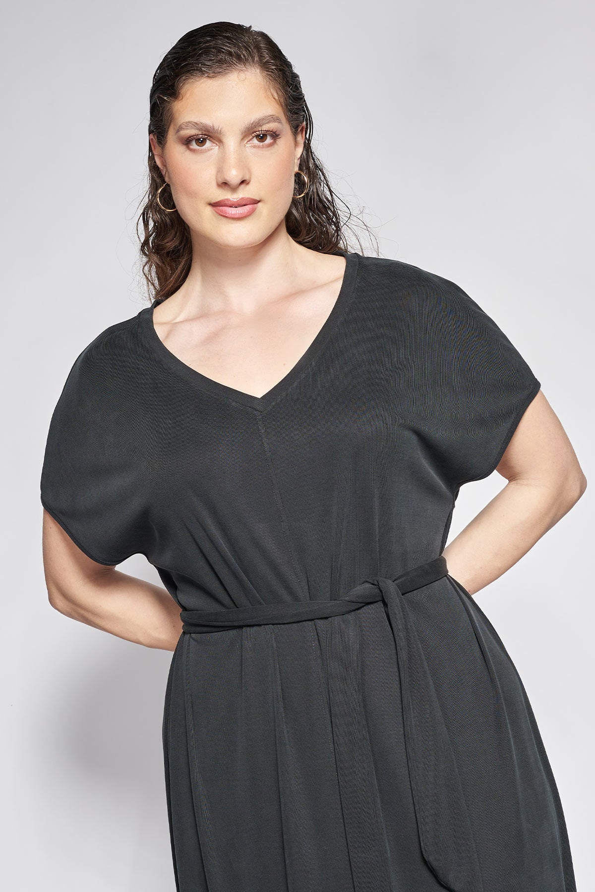 Ribbed Midi Belted Dress - Black