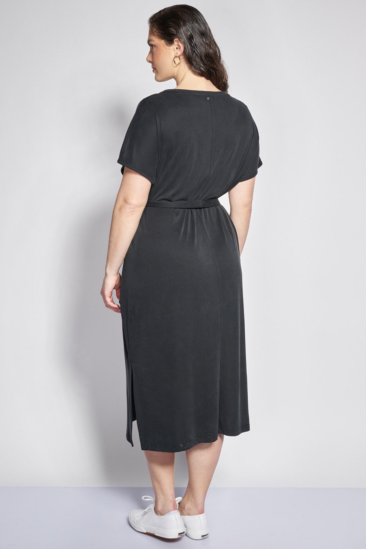 Ribbed Midi Belted Dress - Black