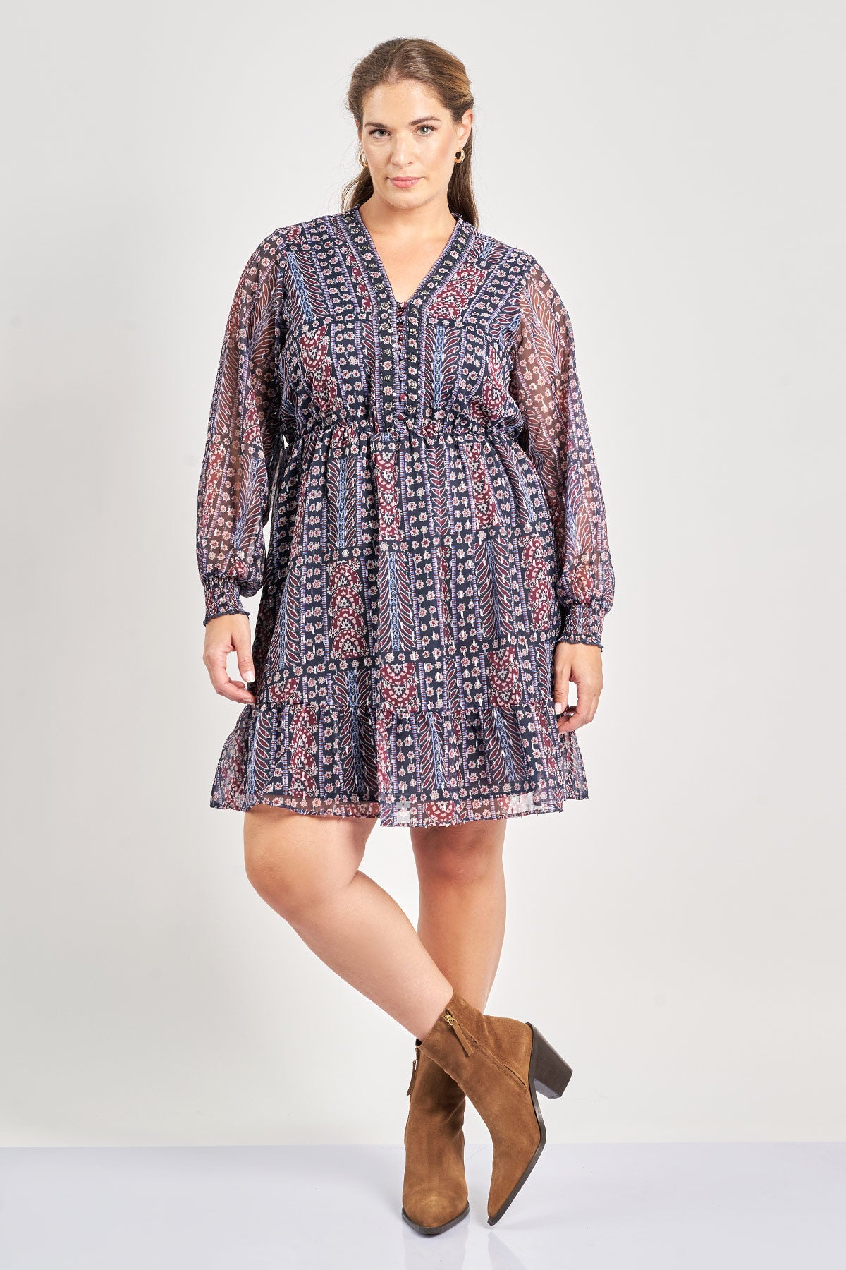 Μίνι φόρεμα chiffon boho εμπριμέ με λεπτομέρεια παγιέτες - Μπορντω