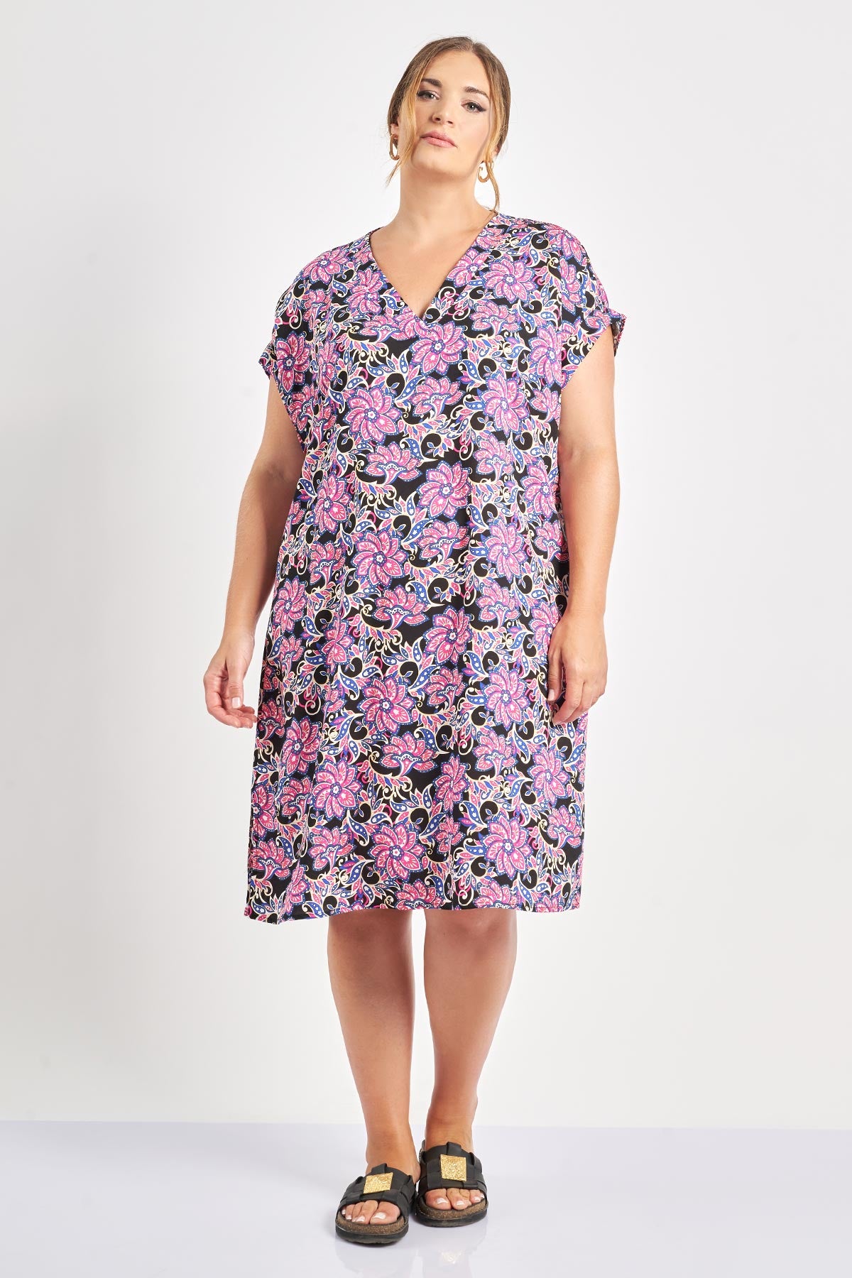 Floral print midi viscose dress - Black