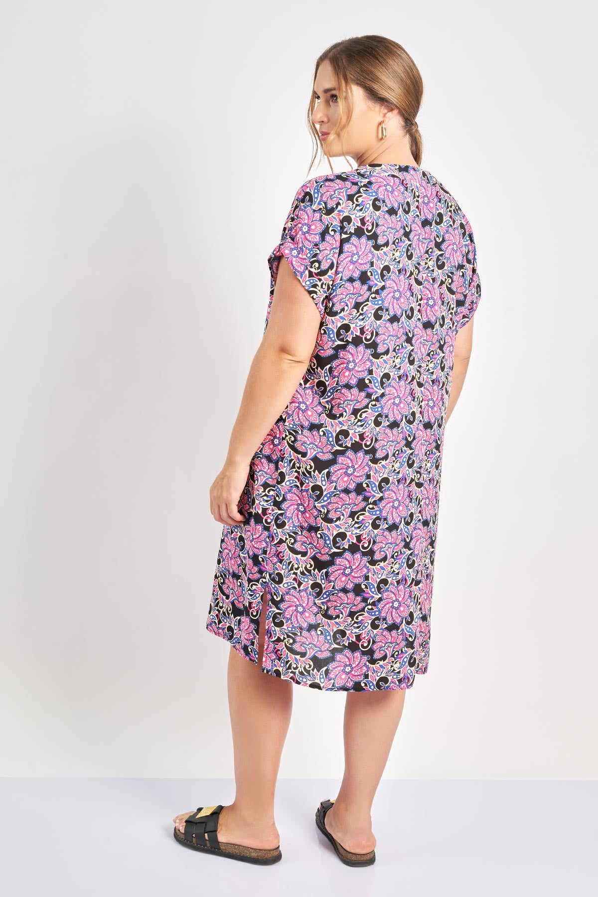 Floral print midi viscose dress - Black