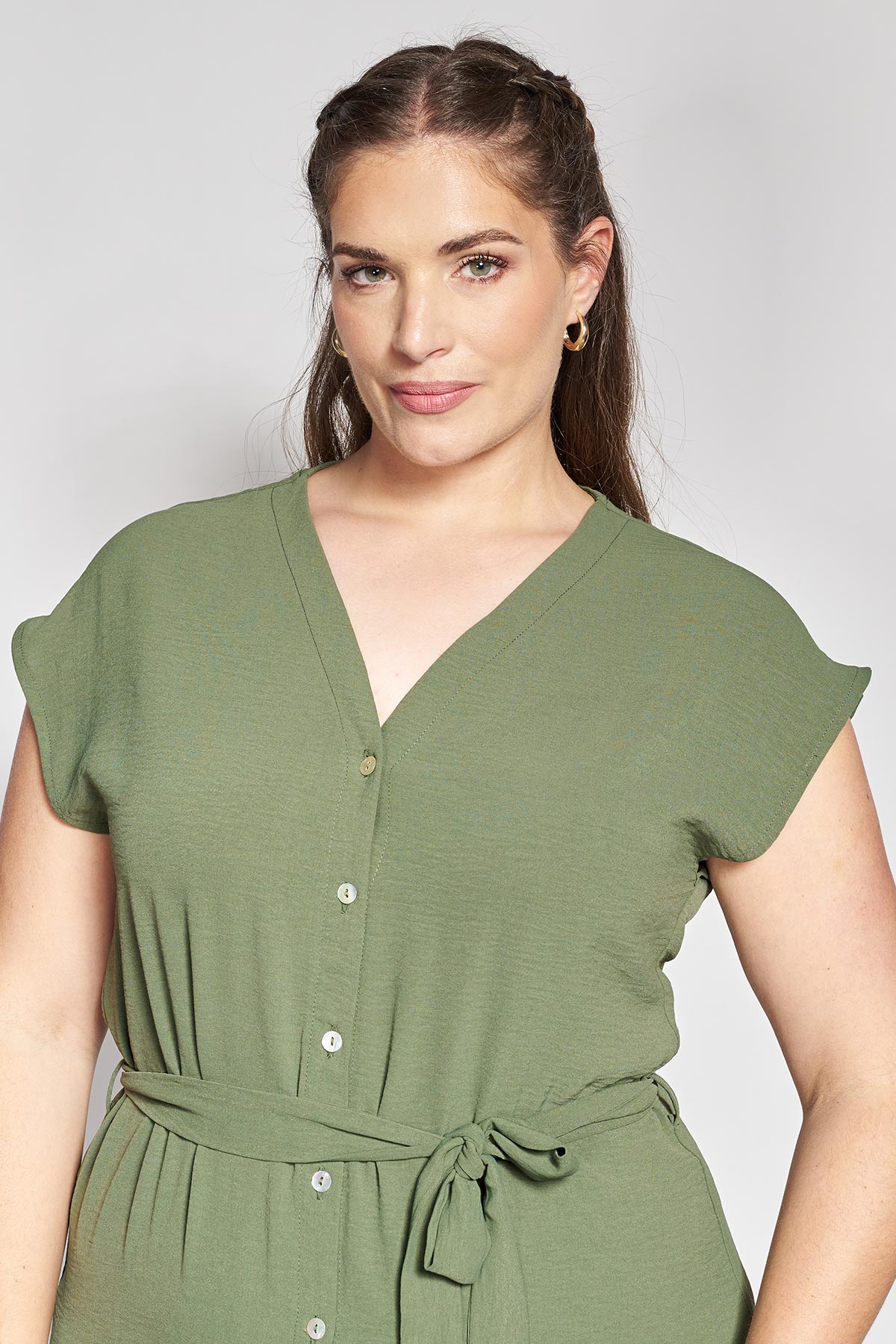 Midi Shirt Dress with Belt textured washed - Khaki