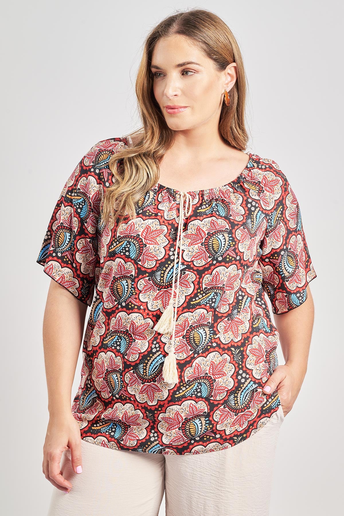 Printed rayon blouse with elastic neckline - Red