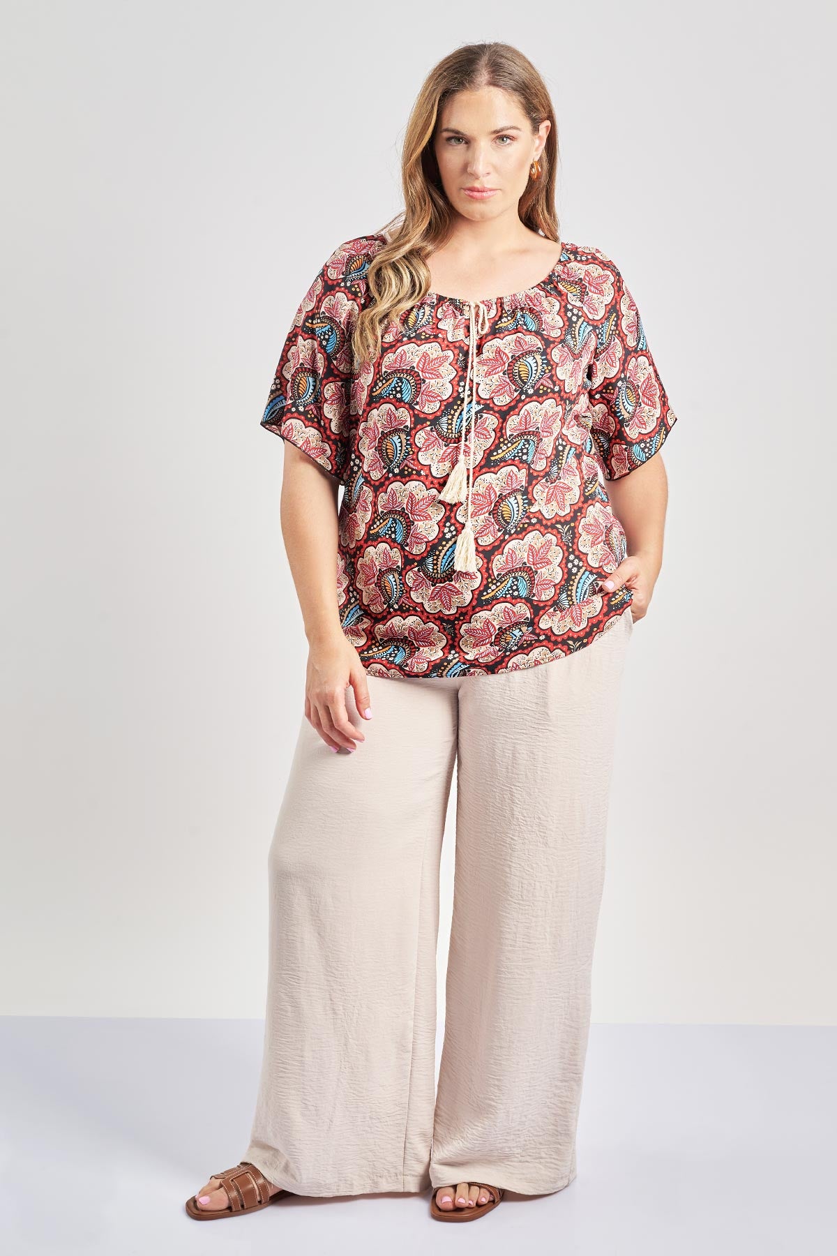 Printed rayon blouse with elastic neckline - Red